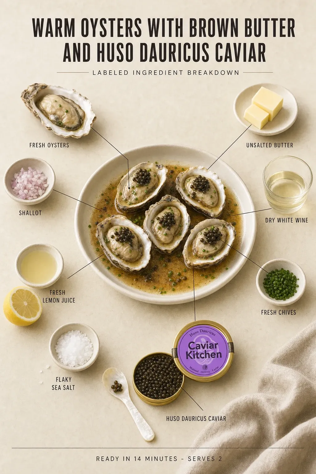 Labeled ingredient breakdown poster for Warm Oysters with Brown Butter and Huso Dauricus Caviar: fresh oysters, unsalted butter, shallot, dry white wine, fresh lemon juice, fresh chives.