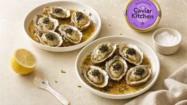 Two shallow bowls of warm brown butter oysters topped with small spoonfuls of dark caviar and sliced chives