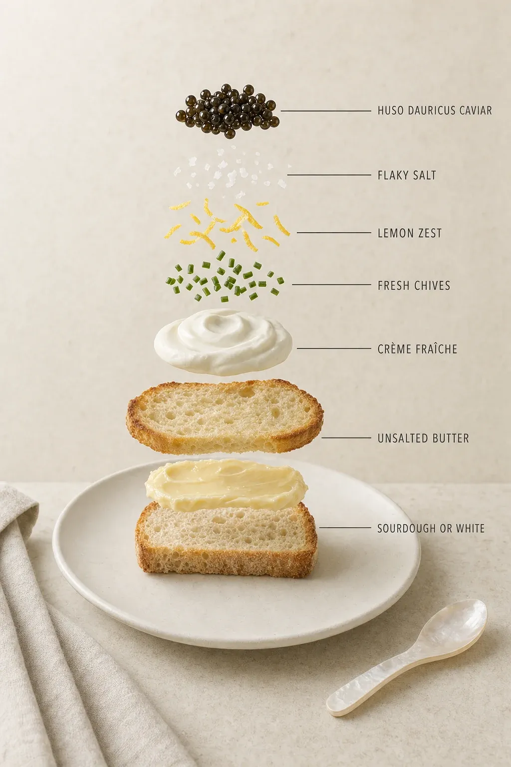 Exploded layer-by-layer view of one serving of What to Drink with Caviar: A Champagne and Crème Fraîche Spread.