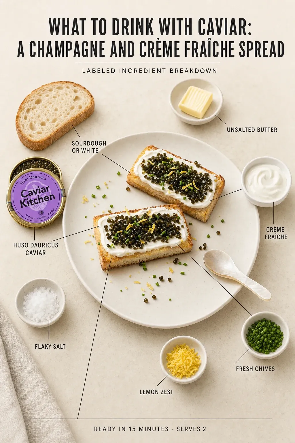 Labeled ingredient breakdown poster for What to Drink with Caviar: A Champagne and Crème Fraîche Spread: sourdough or white, unsalted butter, crème fraîche, fresh chives, lemon zest, flaky salt.
