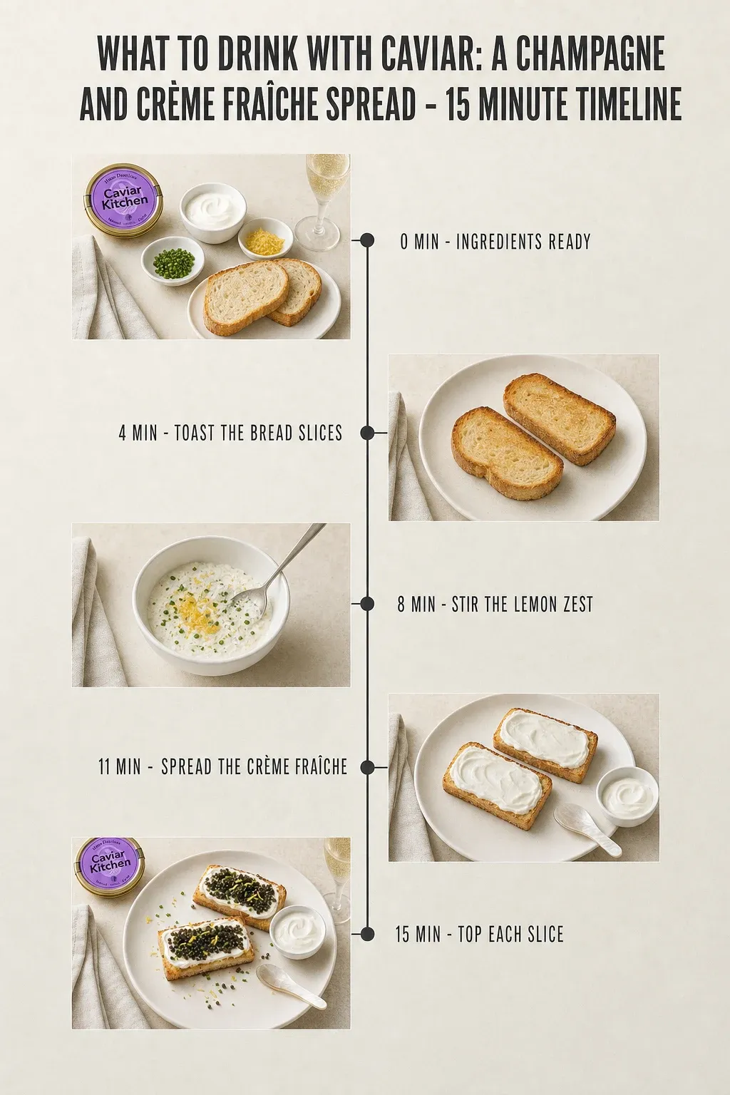 Minute-by-minute timeline for What to Drink with Caviar: A Champagne and Crème Fraîche Spread, from ingredients to serving in 15 minutes.