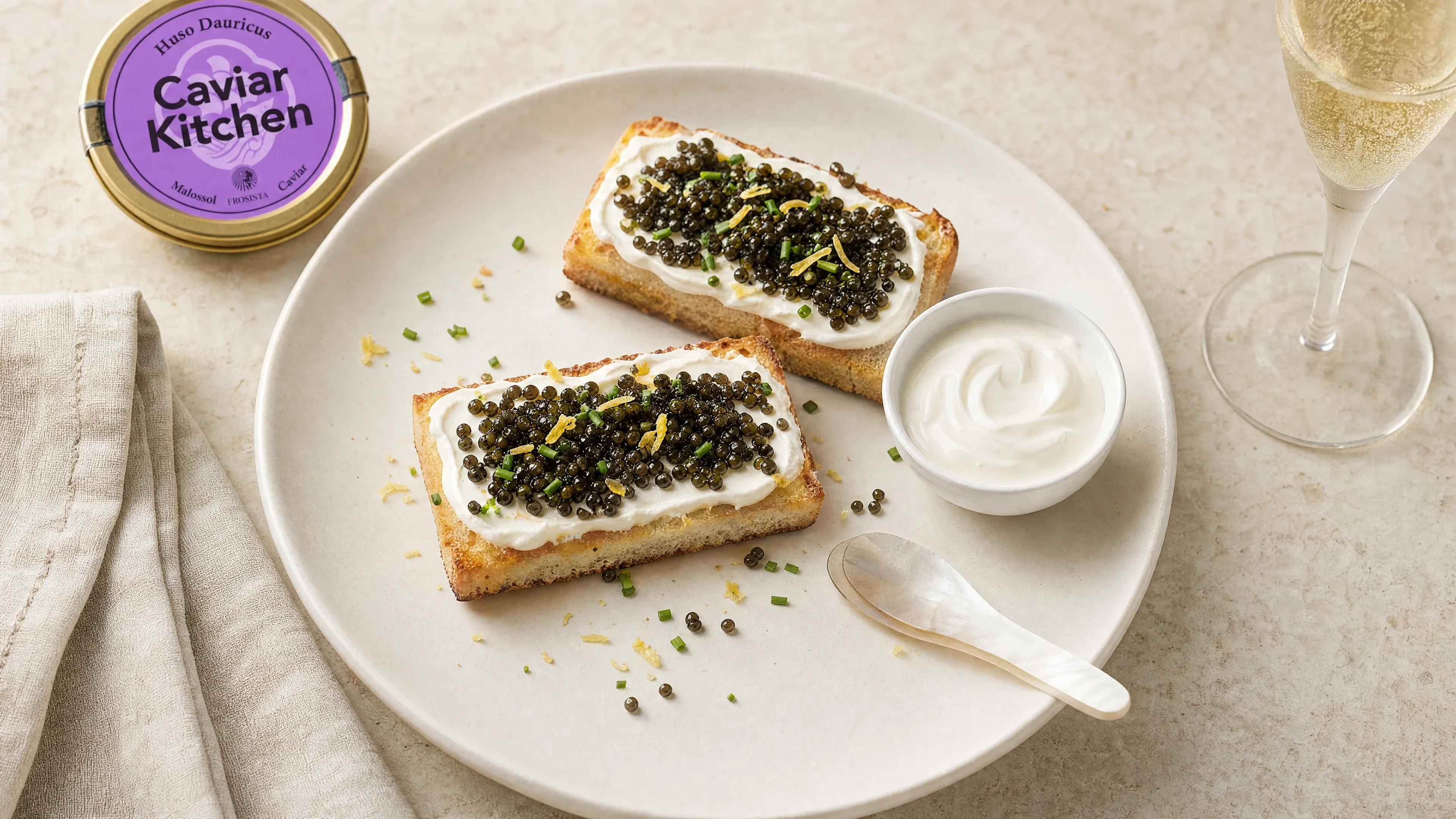 Two slices of buttered toast topped with crème fraîche, chives, and Huso Dauricus caviar on a white ceramic plate