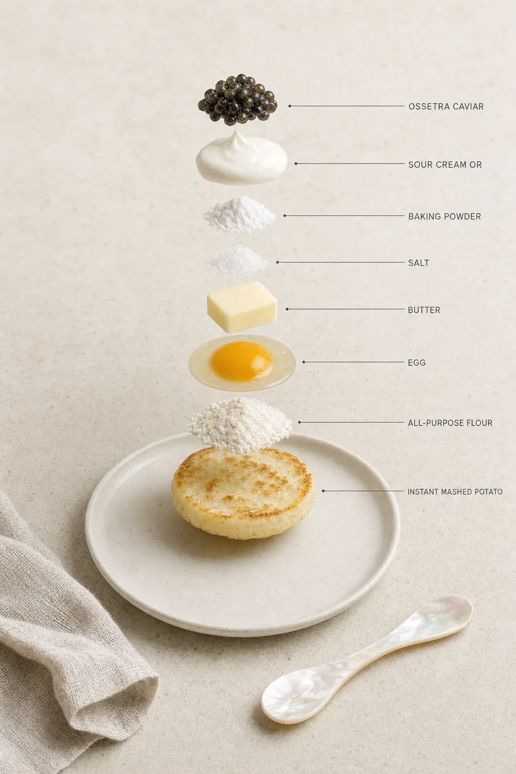 Exploded layer-by-layer view of one serving of Why Is Caviar Expensive? A Simple Potato Blini That Makes It Worth It.