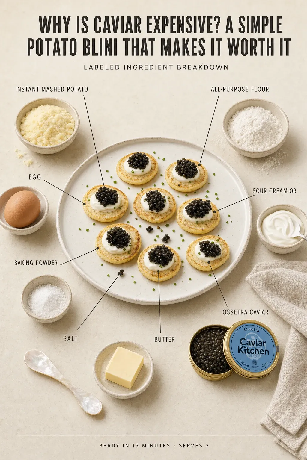 Labeled ingredient breakdown poster for Why Is Caviar Expensive? A Simple Potato Blini That Makes It Worth It: instant mashed potato, all-purpose flour, egg, sour cream or, baking powder, salt.