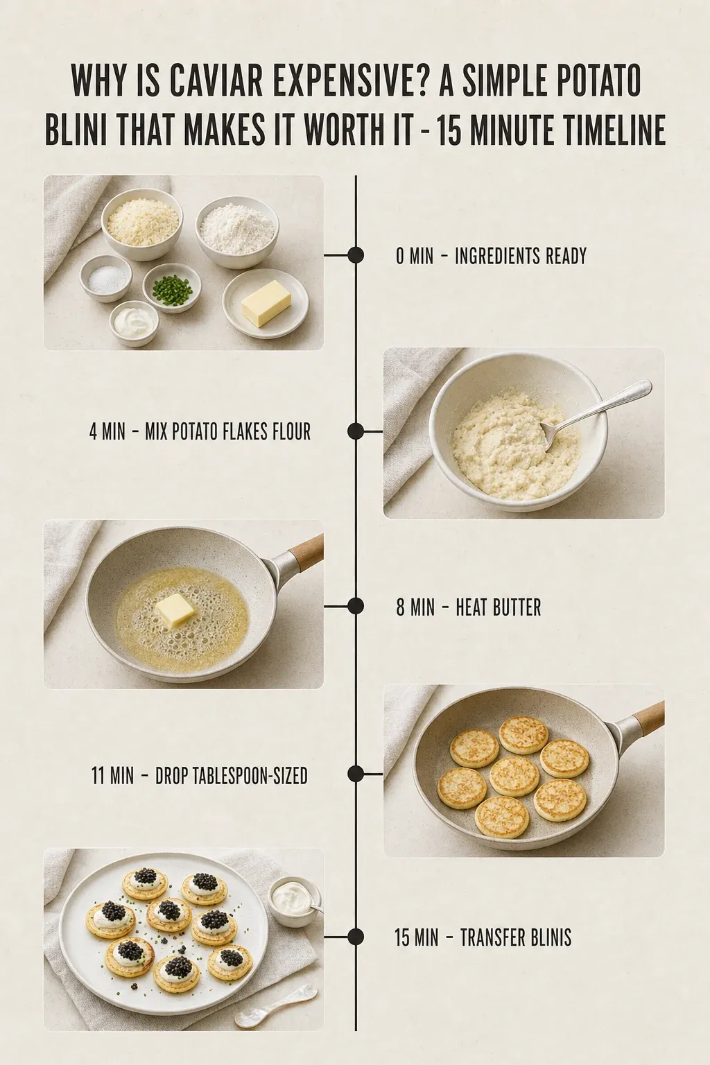 Minute-by-minute timeline for Why Is Caviar Expensive? A Simple Potato Blini That Makes It Worth It, from ingredients to serving in 15 minutes.