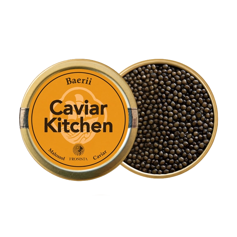 A closed tin of Caviar Kitchen Baerii caviar beside an open tin of its roe.