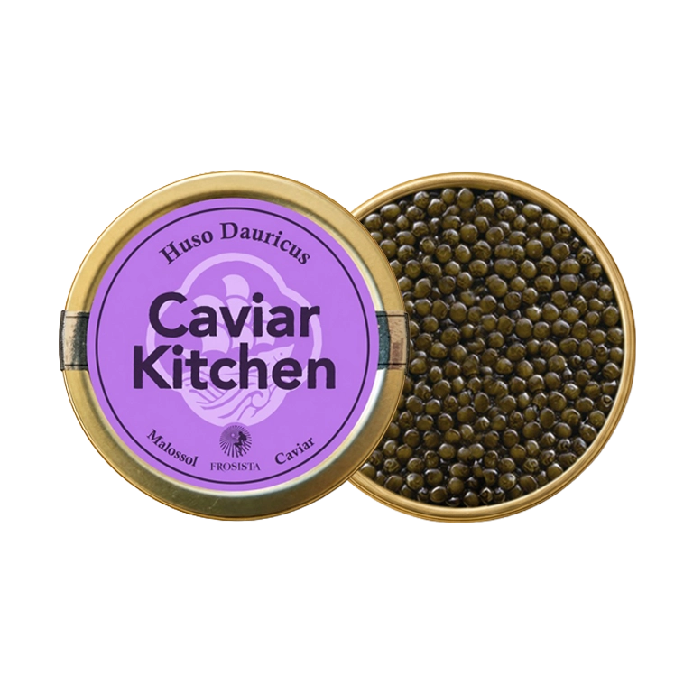 A closed tin of Caviar Kitchen Huso Dauricus caviar beside an open tin of its roe.