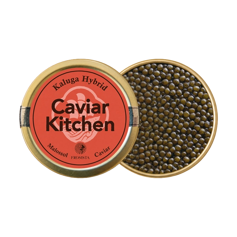 A closed tin of Caviar Kitchen Kaluga Hybrid caviar beside an open tin of its roe.