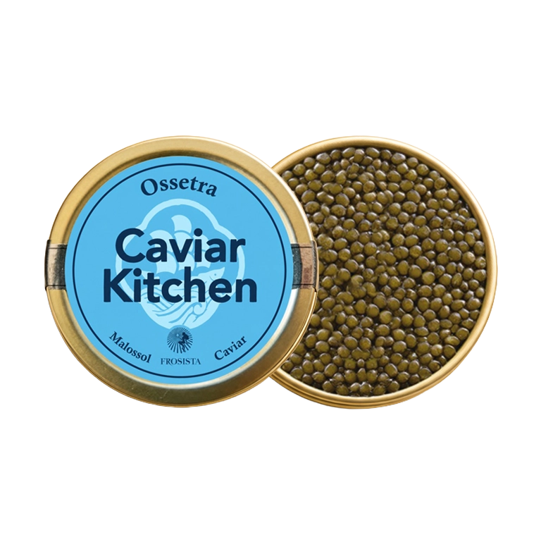 A closed tin of Caviar Kitchen Ossetra caviar beside an open tin of its roe.