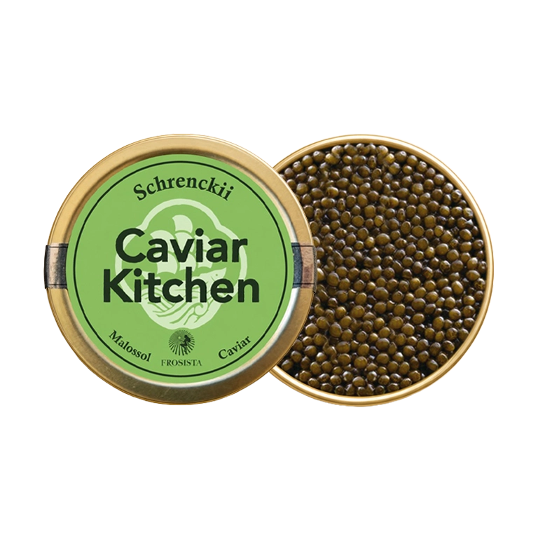 A closed tin of Caviar Kitchen Schrenckii caviar beside an open tin of its roe.