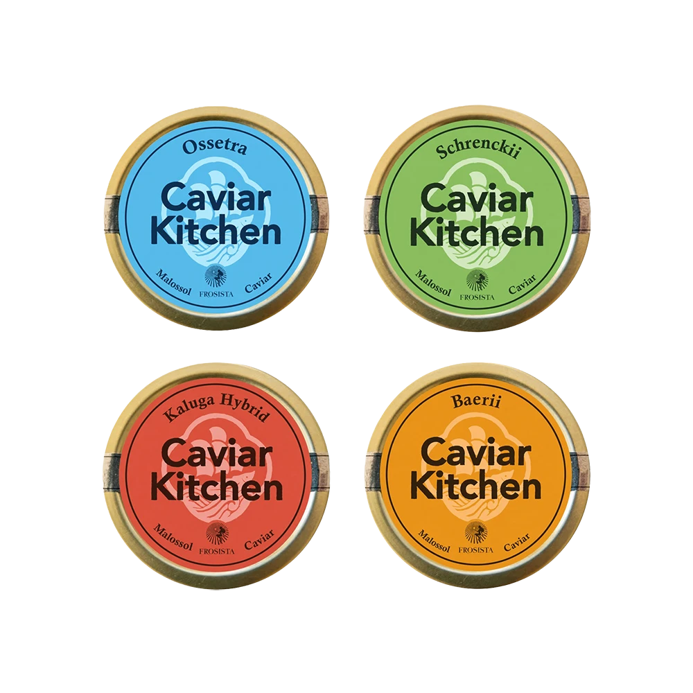 Four Caviar Kitchen 10g tins — Ossetra, Schrenckii, Kaluga Hybrid and Baerii — arranged together.