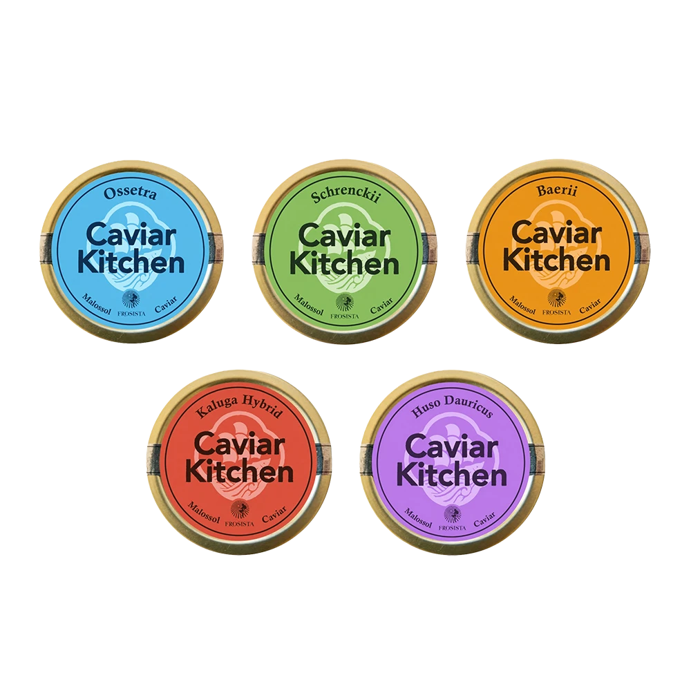 Five Caviar Kitchen 10g tins — Ossetra, Schrenckii, Baerii, Kaluga Hybrid and Huso Dauricus — arranged together.